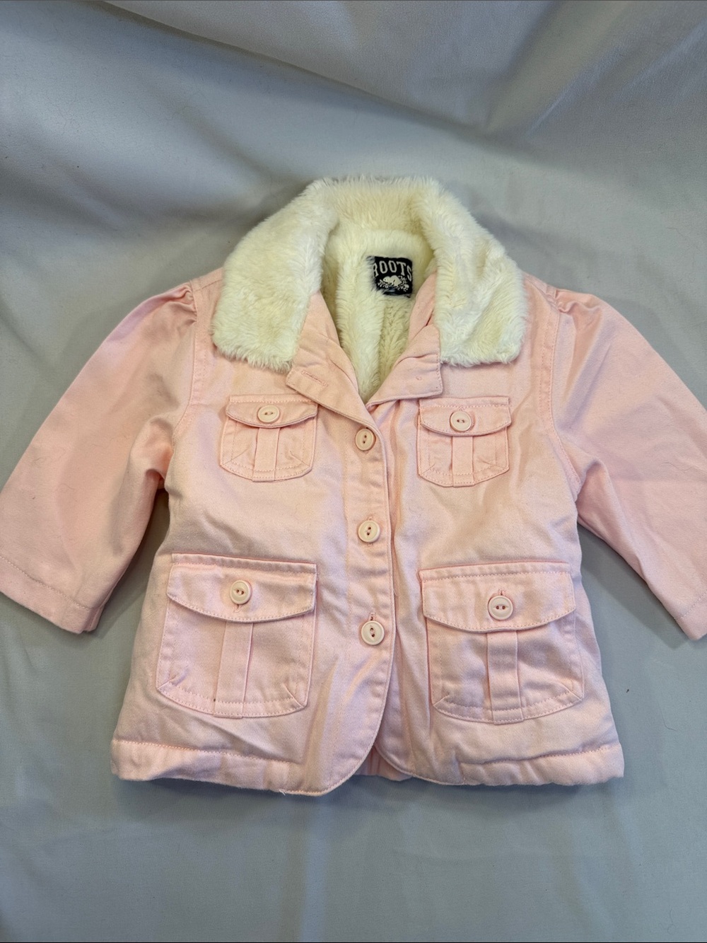 Roots Pink Pea Coat with Cream Faux-Fur Collar